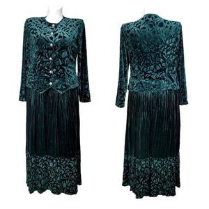 Vintage 80s Stonebridge Green Floral Crushed Velvet Grunge Long Sleeve Dress USA